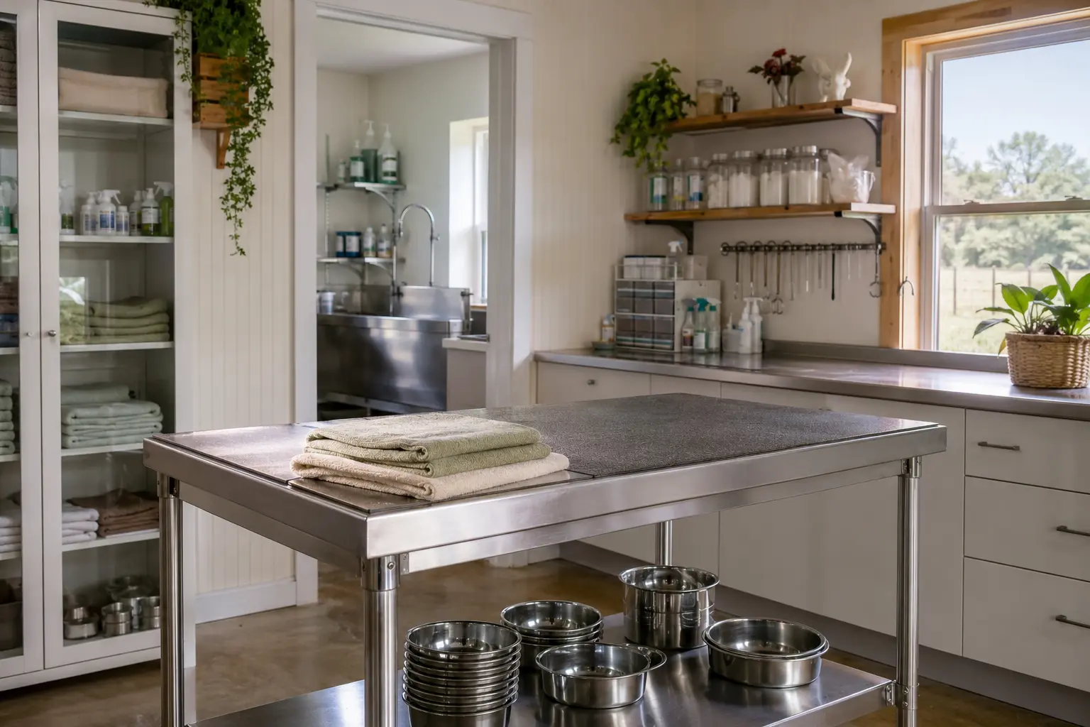 Representative image of a clean animal-care room with stainless-steel work surfaces