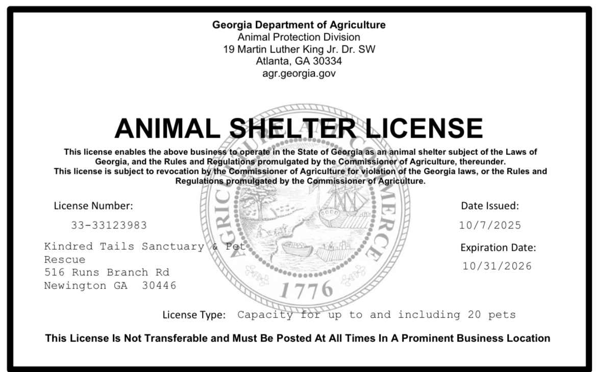 Georgia Department of Agriculture animal shelter license certificate for Kindred Tails Sanctuary and Pet Rescue