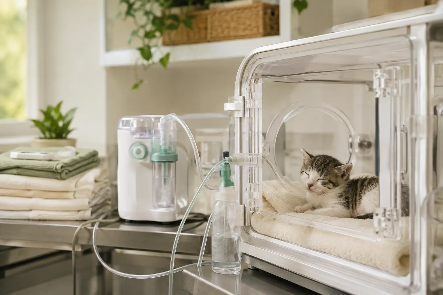 Representative image of a young kitten receiving non-invasive nebulizer support