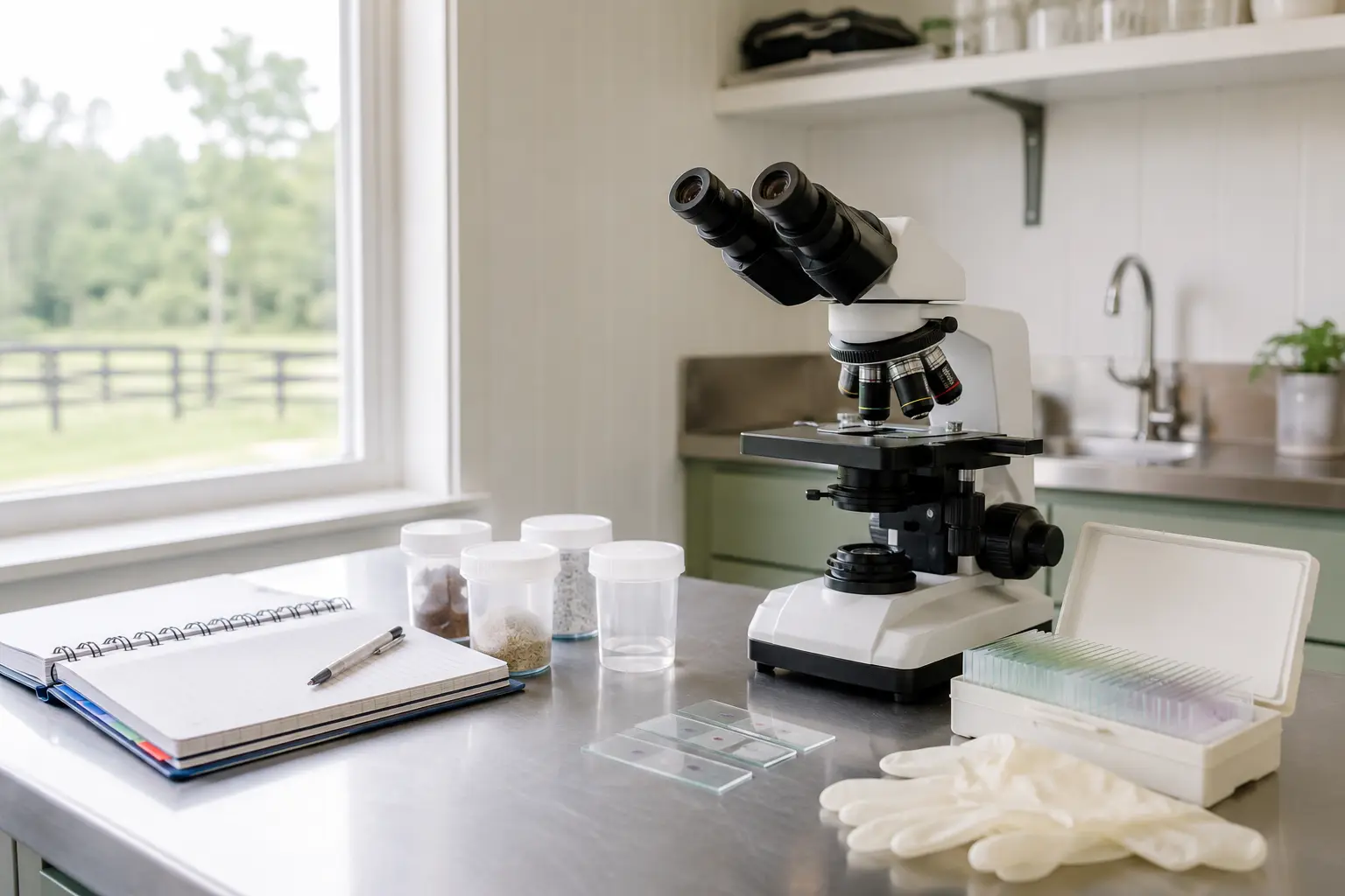 Representative image of a microscope and slides on a clean laboratory bench