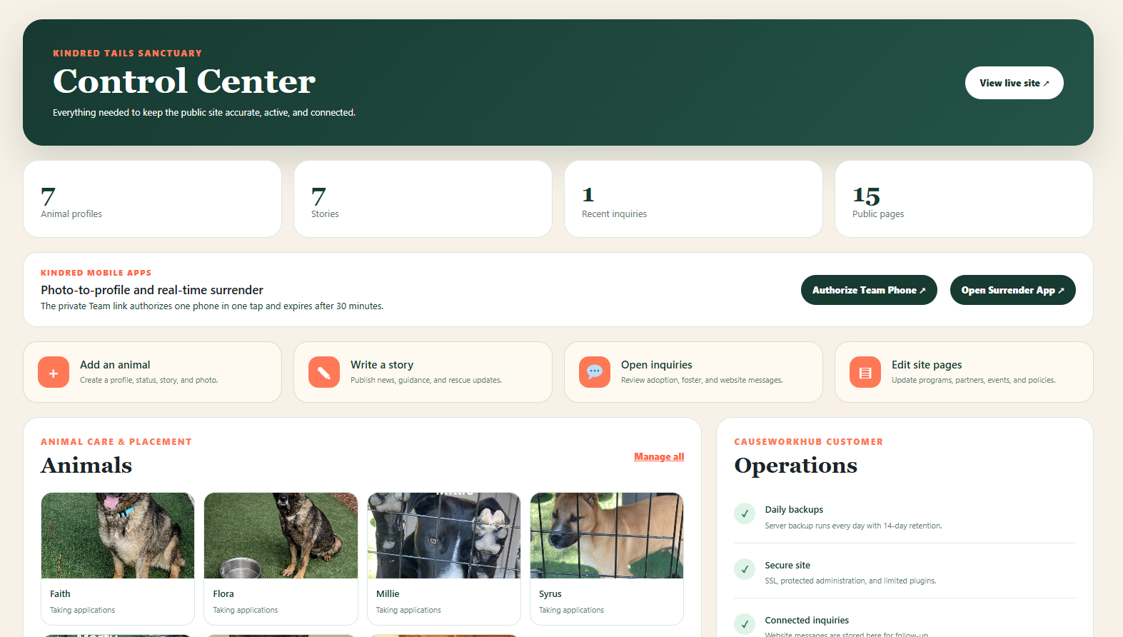 Kindred Tails website control center