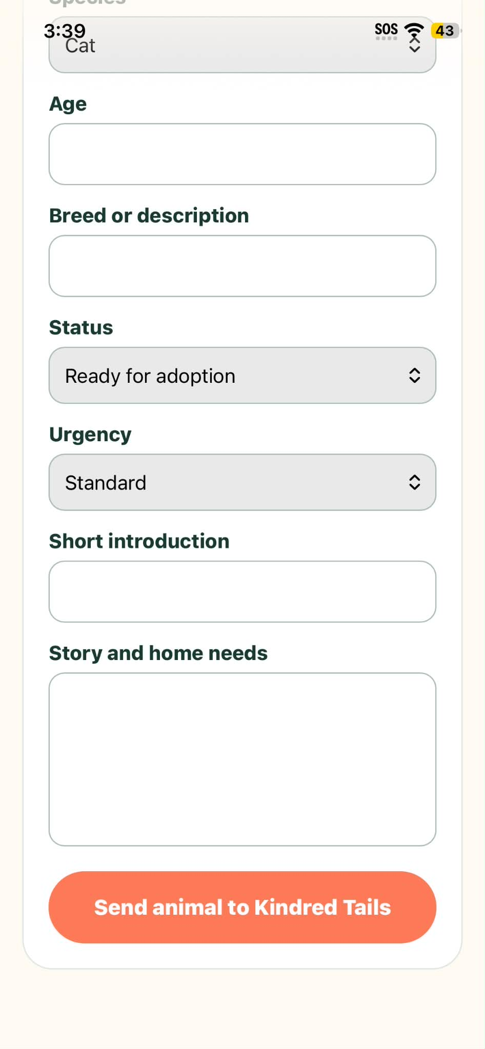 Animal status and story fields in the Kindred Team app