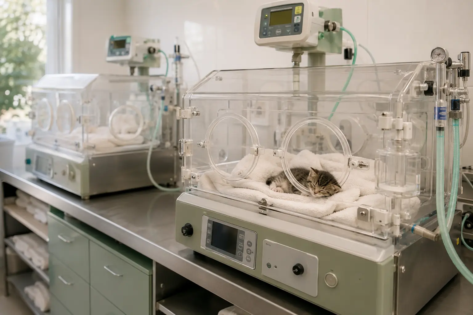 Representative image of a neonatal kitten resting safely in a veterinary incubator